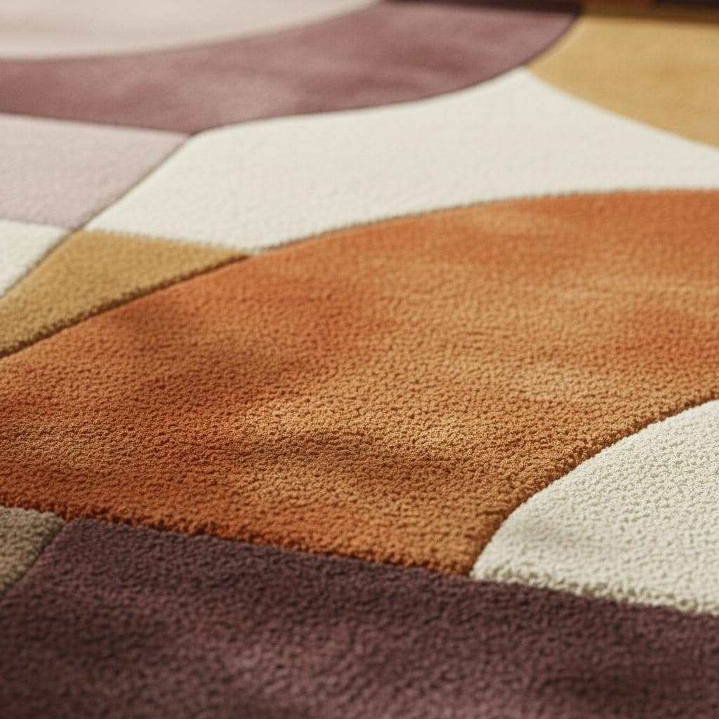 Plush hand tufted abstract area rug with geometric retro color blocks in mauve, lilac, peach, terracotta, mustard, and cream tones
