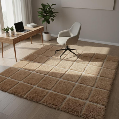 Plush Moroccan Shag Rug – Beige Cream Checkered Area Rug