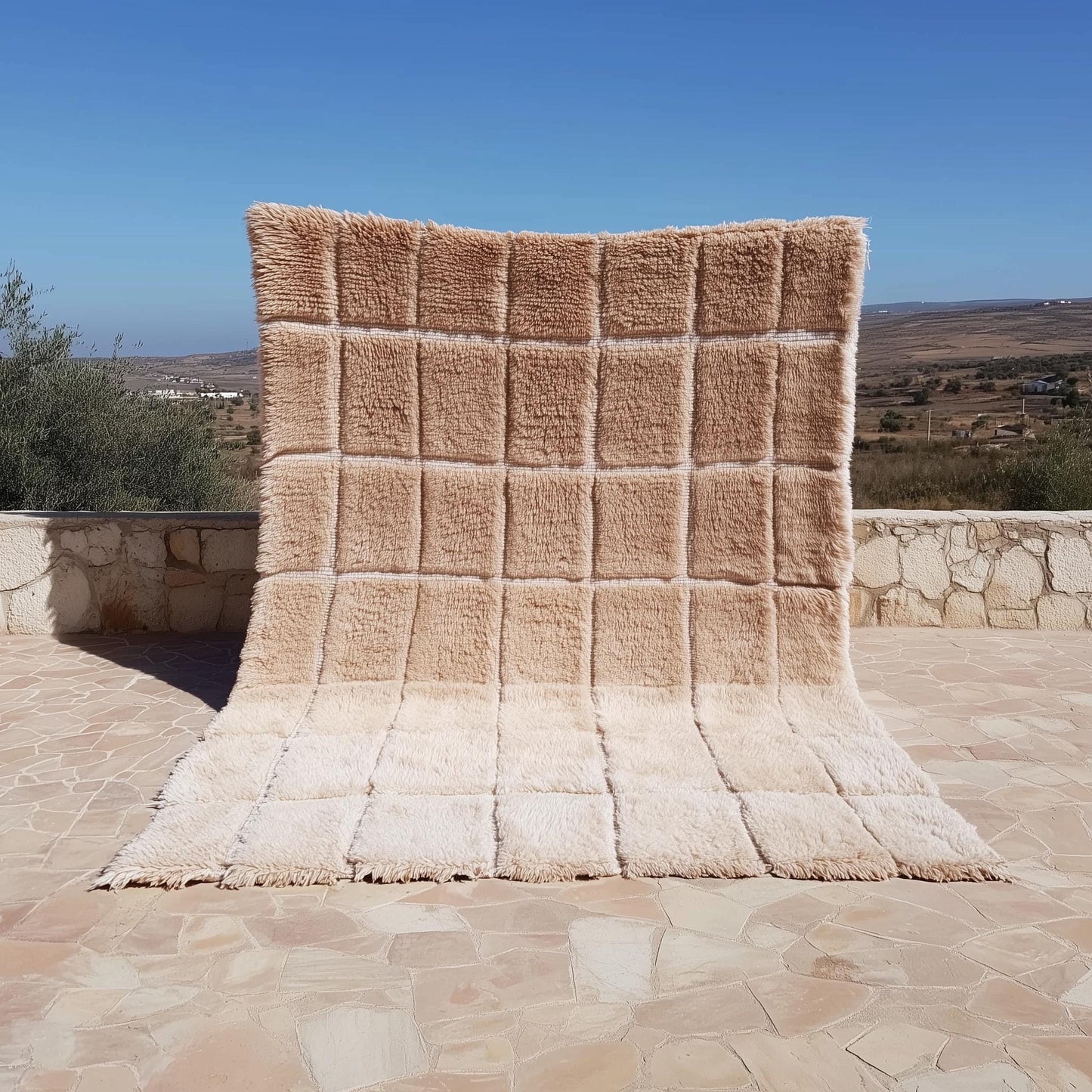 Beige cream plush Moroccan shag rug with checkered grid pattern for cozy modern interiors