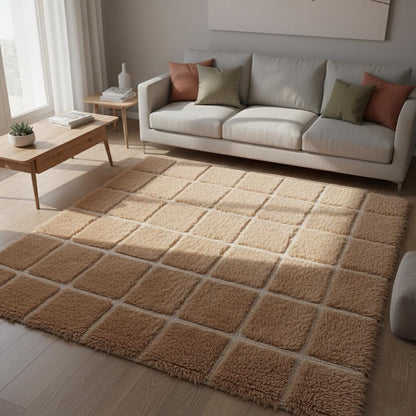 Plush cream and beige fluffy rug with grid design, thick soft area rug perfect for cozy living room or bedroom styling.
