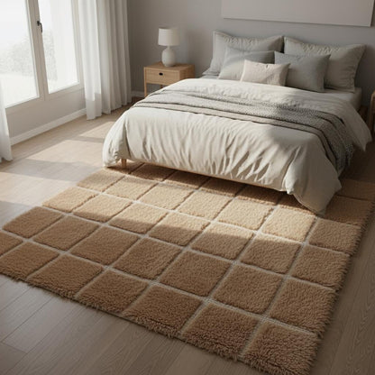 Soft plush Moroccan-style rug in beige and cream gradient with grid pattern, ultra-fluffy floor rug for cozy spaces.