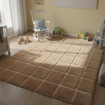 High-pile fluffy area rug with checkered design, neutral-toned indoor carpet suitable for living rooms and bedrooms.