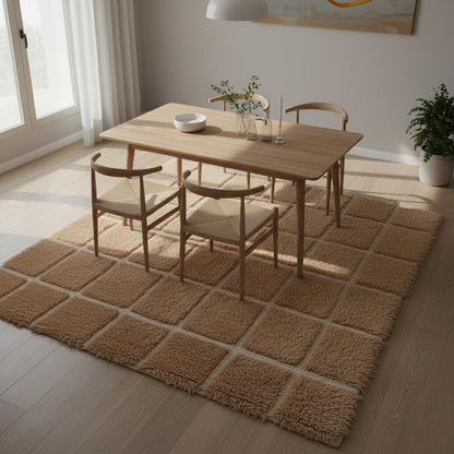 Plush Moroccan Shag Rug – Beige Cream Checkered Area Rug