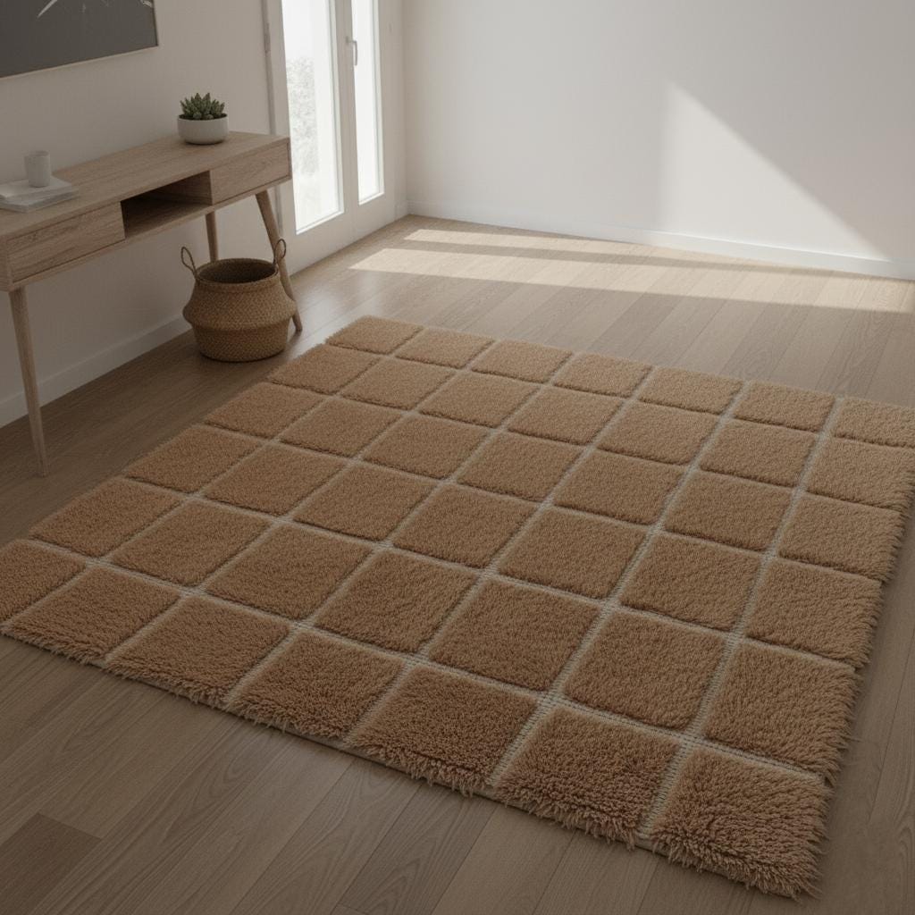 Plush Moroccan Shag Rug – Beige Cream Checkered Area Rug