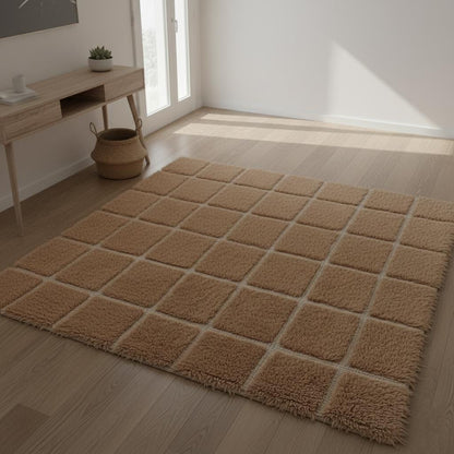 Plush Moroccan Shag Rug – Beige Cream Checkered Area Rug
