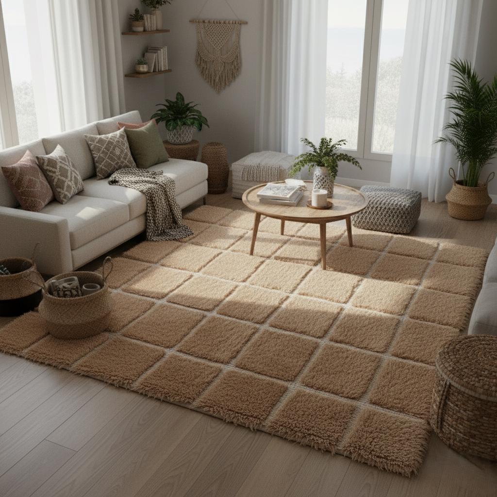 Plush Moroccan Shag Rug – Beige Cream Checkered Area Rug