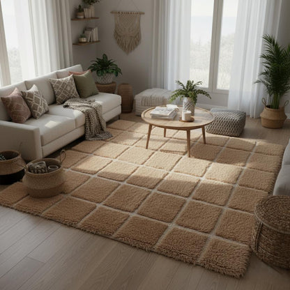 Plush Moroccan Shag Rug – Beige Cream Checkered Area Rug