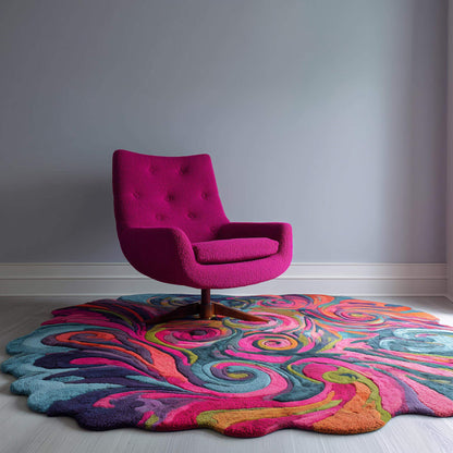 Psychedelic swirl rug with plush texture, wavy edges, vibrant colors, and unique hand tufted design