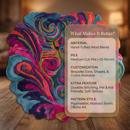Psychedelic swirl rug with hand tufted plush texture and wavy edges in vibrant colors