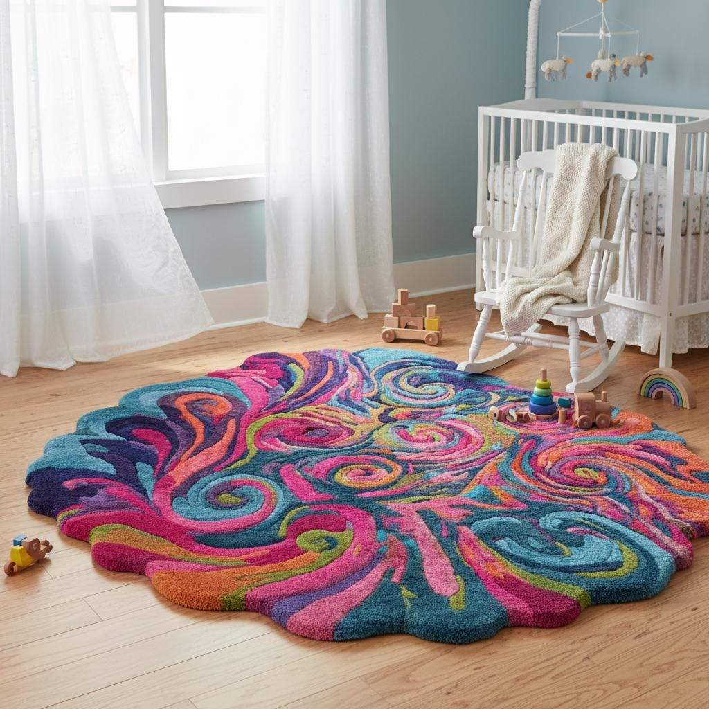 Hand tufted psychedelic swirl rug with wavy edge and plush texture in vibrant colors