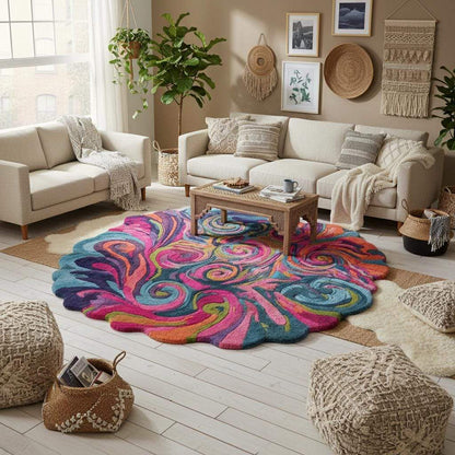 Colorful psychedelic swirl rug with wavy edges and plush texture