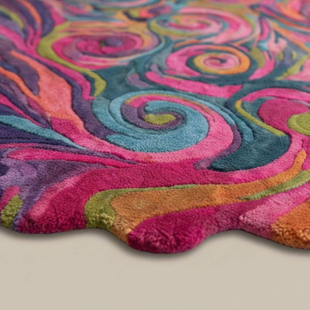 Colorful psychedelic swirl rug with plush texture and wavy edge hand tufted design