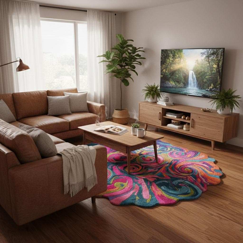 Hand tufted psychedelic swirl rug with plush texture and wavy edges in vibrant colors