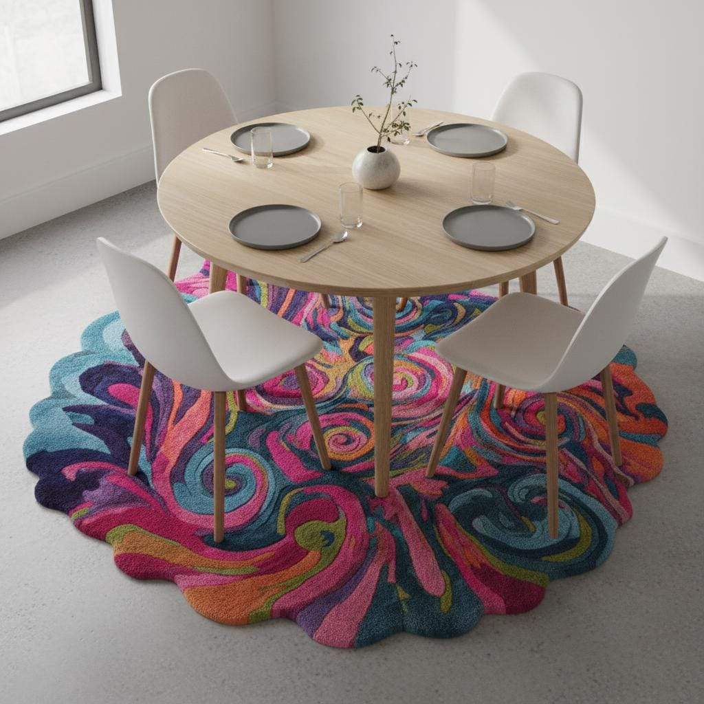 Hand tufted psychedelic swirl rug with vibrant colors, plush texture, wavy edges, and fade-resistant high density pile.