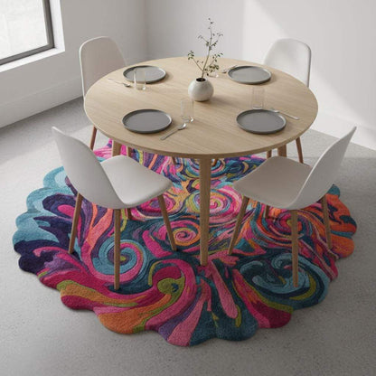 Hand tufted psychedelic swirl rug with vibrant colors, plush texture, wavy edges, and fade-resistant high density pile.