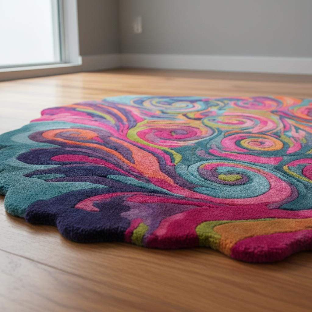 Hand tufted psychedelic swirl rug with wavy edges and plush texture in vibrant colors