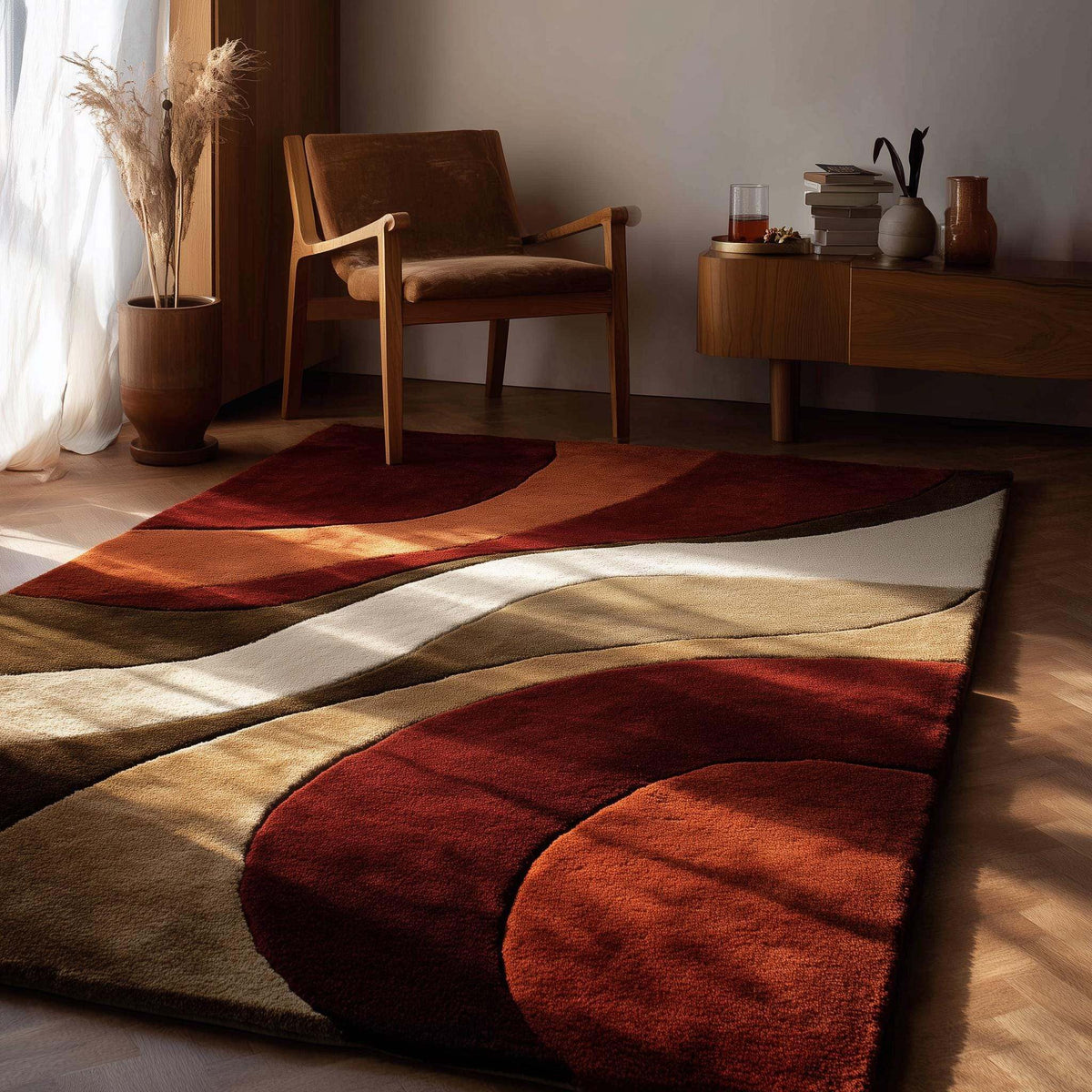 Retro wave rug with 1970s geometric design in warm earthy tones, mid century 5x7 ft carpet for boho and eclectic decor