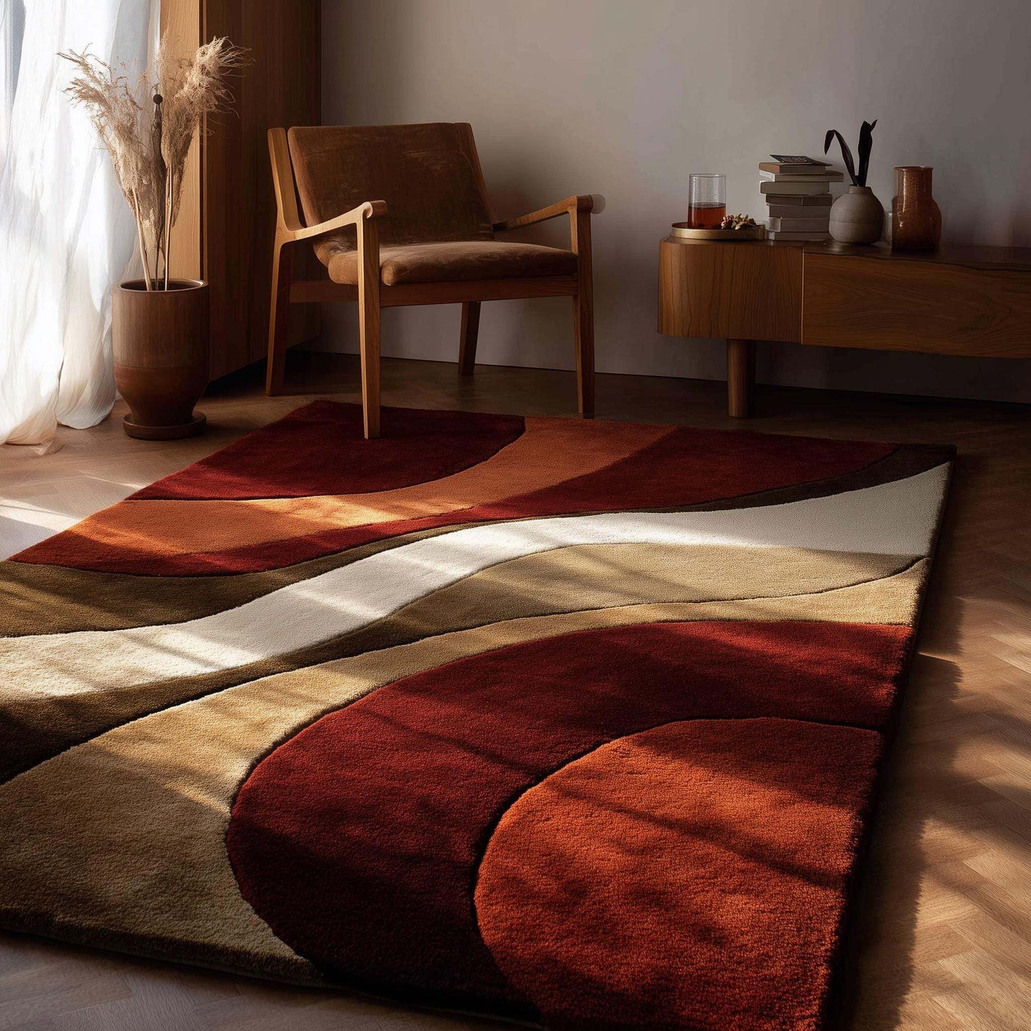 Retro wave rug with 1970s geometric design in warm earthy tones, mid century 5x7 ft carpet for boho and eclectic decor