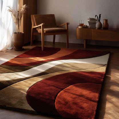 Retro wave rug with 1970s geometric design in warm earthy tones, mid century 5x7 ft carpet for boho and eclectic decor