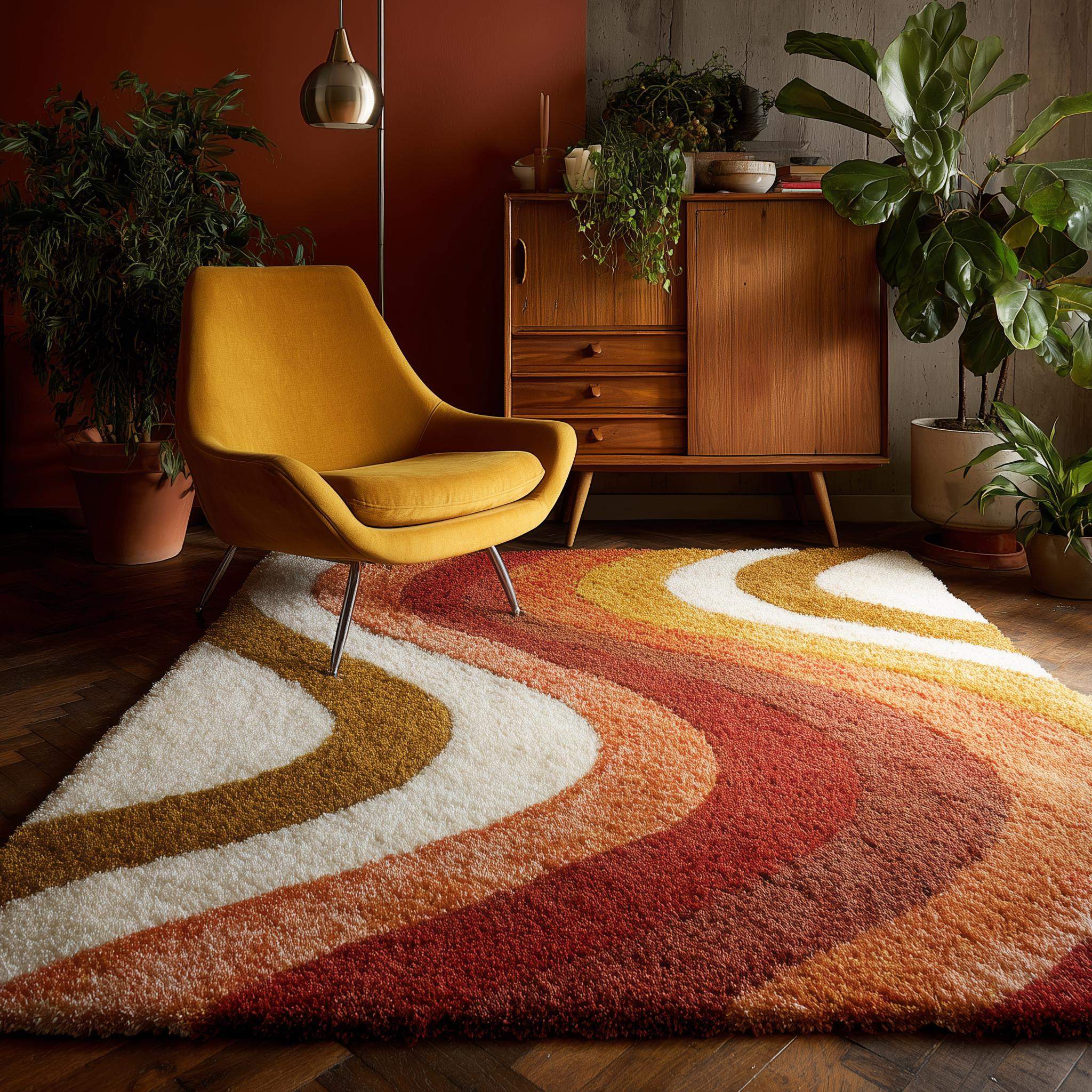 Retro 70s Shag Rug - Vintage Wave Pattern in Mustard & Rust Orange