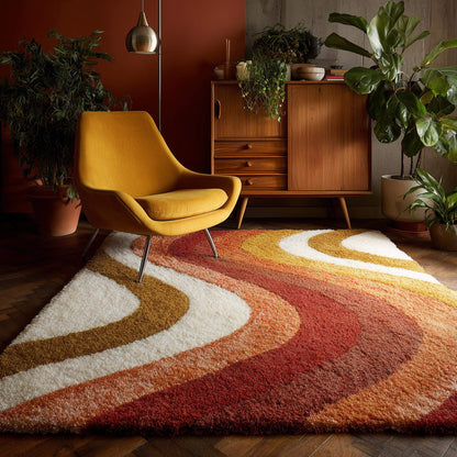 Retro 70s shag rug with mustard orange and rust cream wave pattern, plush mid-century modern style