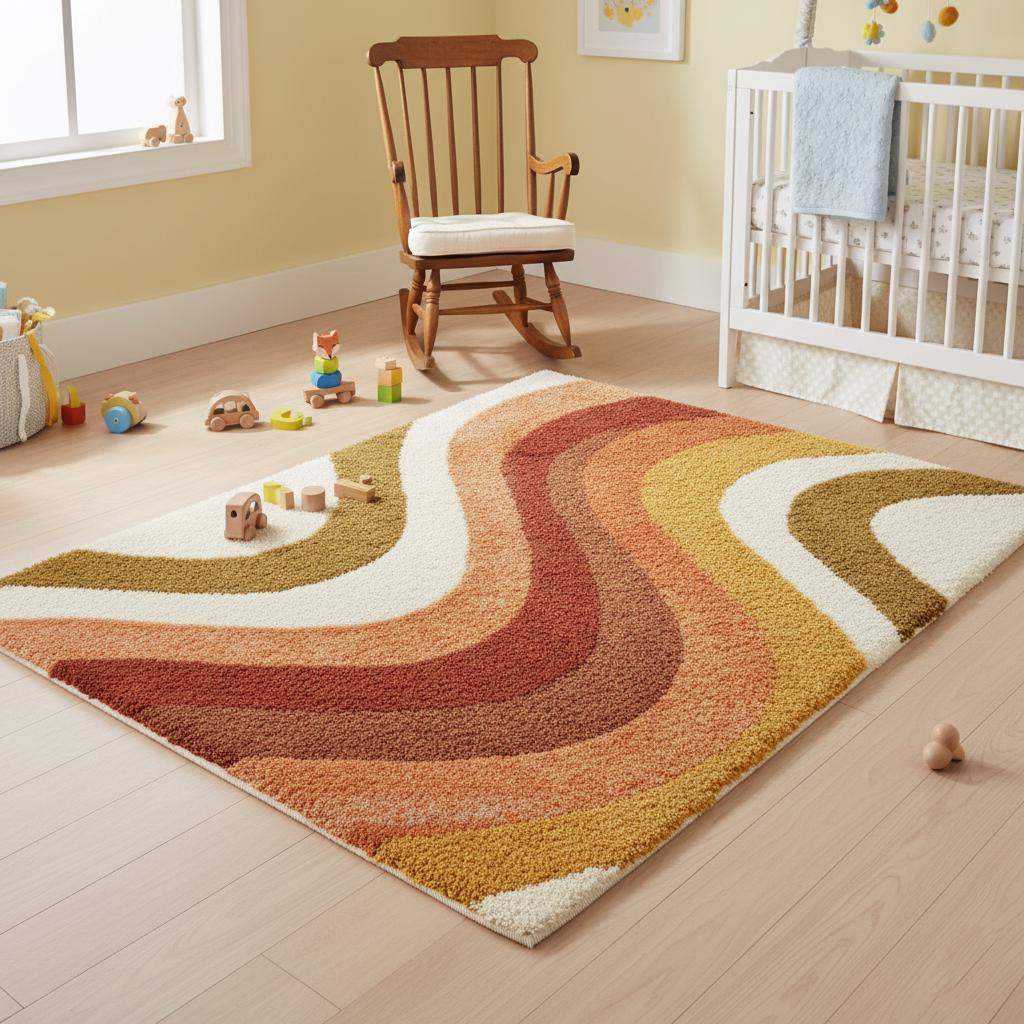 Retro 70s Shag Rug - Vintage Wave Pattern in Mustard & Rust Orange