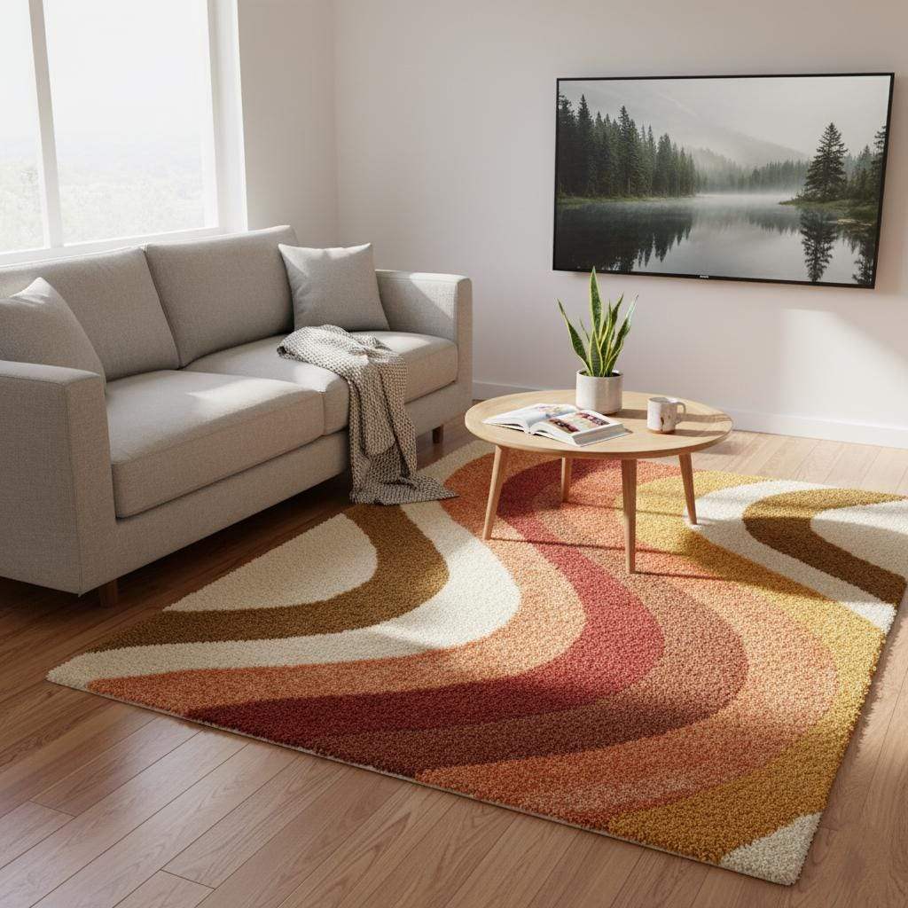 Retro 70s Shag Rug - Vintage Wave Pattern in Mustard & Rust Orange