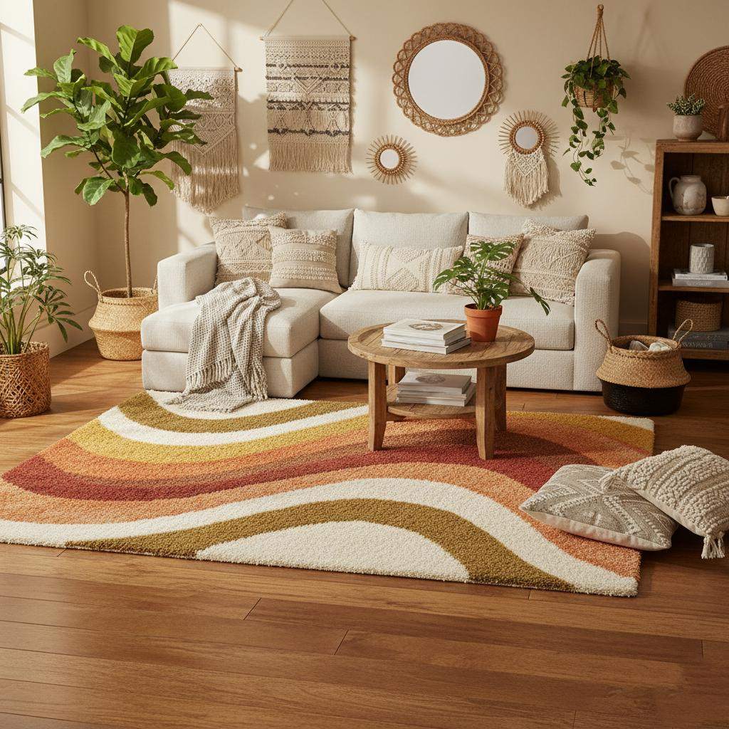 Retro 70s Shag Rug - Vintage Wave Pattern in Mustard & Rust Orange