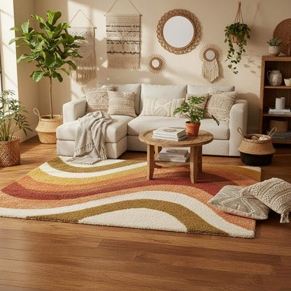 Retro 70s Shag Rug — Mid Century Modern Wool-Look Tufted Area Rug, Mustard Orange Rust Cream, Cozy Living Room Accent, Vintage Style Runner
