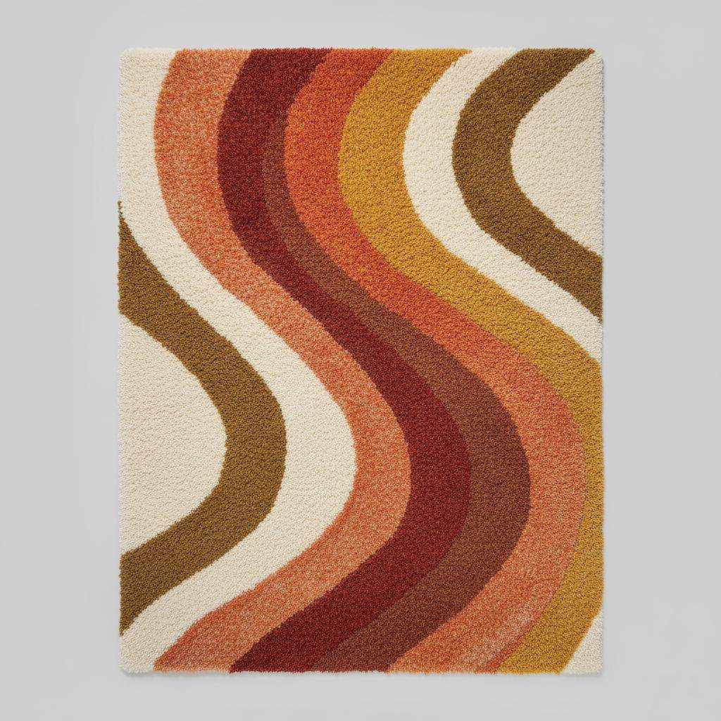Retro 70s Shag Rug — Mid Century Modern Wool-Look Tufted Area Rug, Mustard Orange Rust Cream, Cozy Living Room Accent, Vintage Style Runner