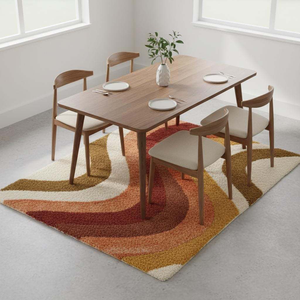 Retro 70s Shag Rug — Mid Century Modern Wool-Look Tufted Area Rug, Mustard Orange Rust Cream, Cozy Living Room Accent, Vintage Style Runner