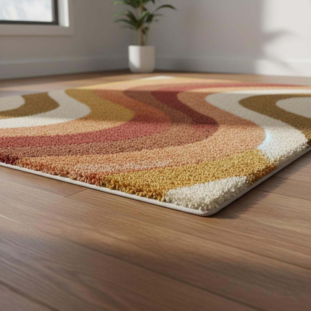 Retro 70s Shag Rug - Vintage Wave Pattern in Mustard & Rust Orange