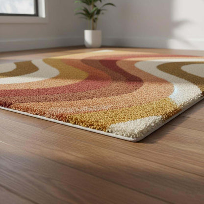 Retro 70s Shag Rug — Mid Century Modern Wool-Look Tufted Area Rug, Mustard Orange Rust Cream, Cozy Living Room Accent, Vintage Style Runner