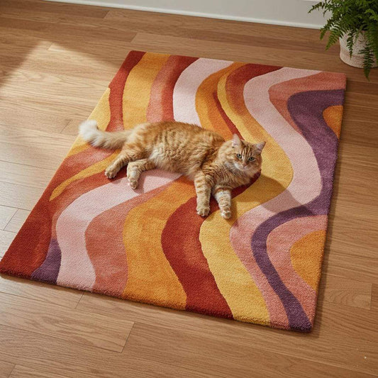 Retro 70s Wavy Area Rug: Multicolor Textured Pile, Mid-Century Modern Style