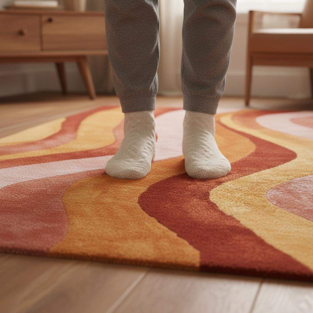 Retro 70s Wavy Area Rug: Multicolor Textured Pile, Mid-Century Modern Style