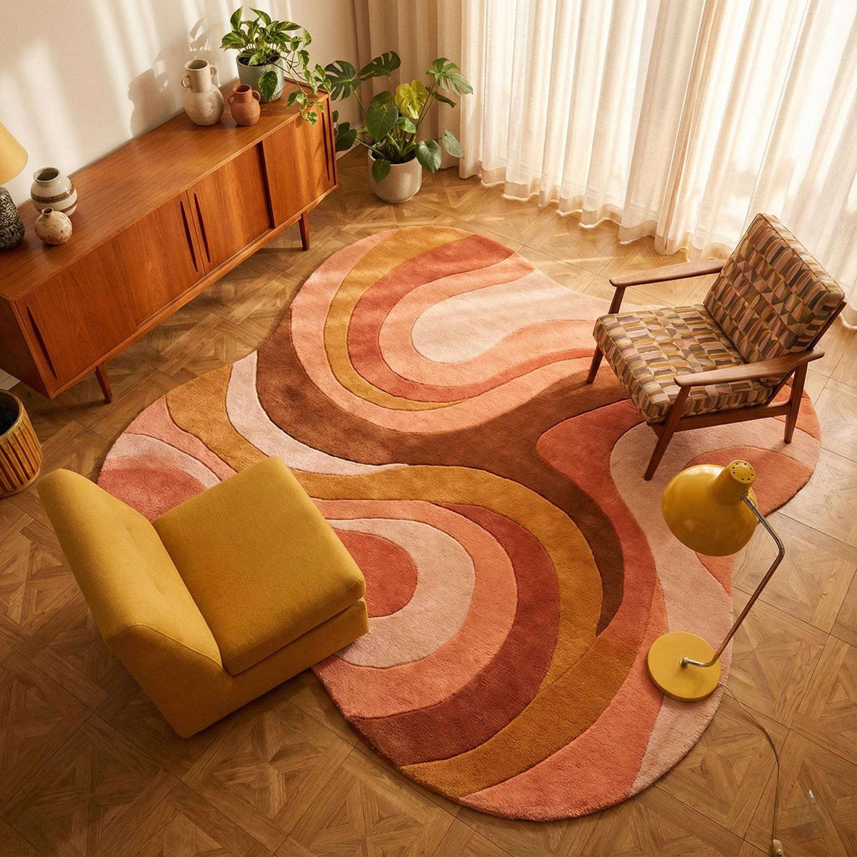Mid century modern rug with retro geometric wave design and organic curved edges in warm terracotta and brown tones