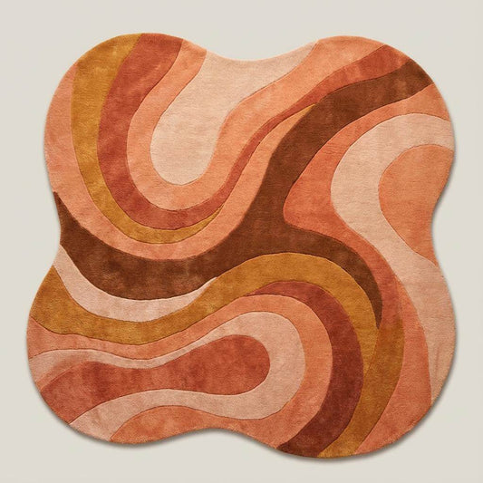 Mid Century Modern Rug with retro geometric wave design and organic curved edges in warm terracotta and mustard tones