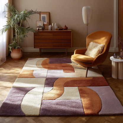 Retro modern rug with high pile geometric abstract curved pattern in warm earthy colors