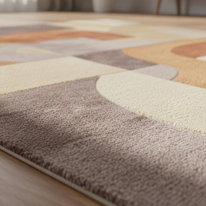 Retro Modern Geometric Rug • Mid Century Style Area Rug • High Pile Soft Carpet • Abstract Wool Look Living Room Decor • Warm Earthy Colors