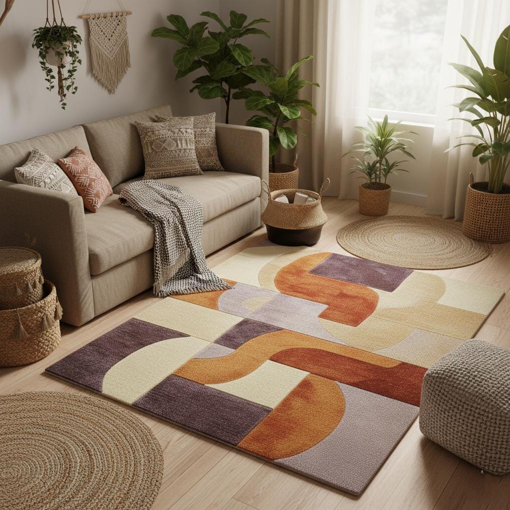 Retro Modern Geometric Rug • Mid Century Style Area Rug • High Pile Soft Carpet • Abstract Wool Look Living Room Decor • Warm Earthy Colors