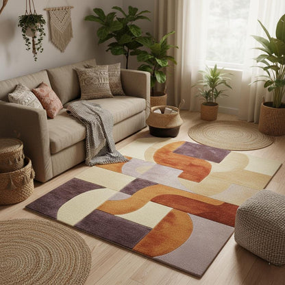 Retro Modern Geometric Rug • Mid Century Style Area Rug • High Pile Soft Carpet • Abstract Wool Look Living Room Decor • Warm Earthy Colors