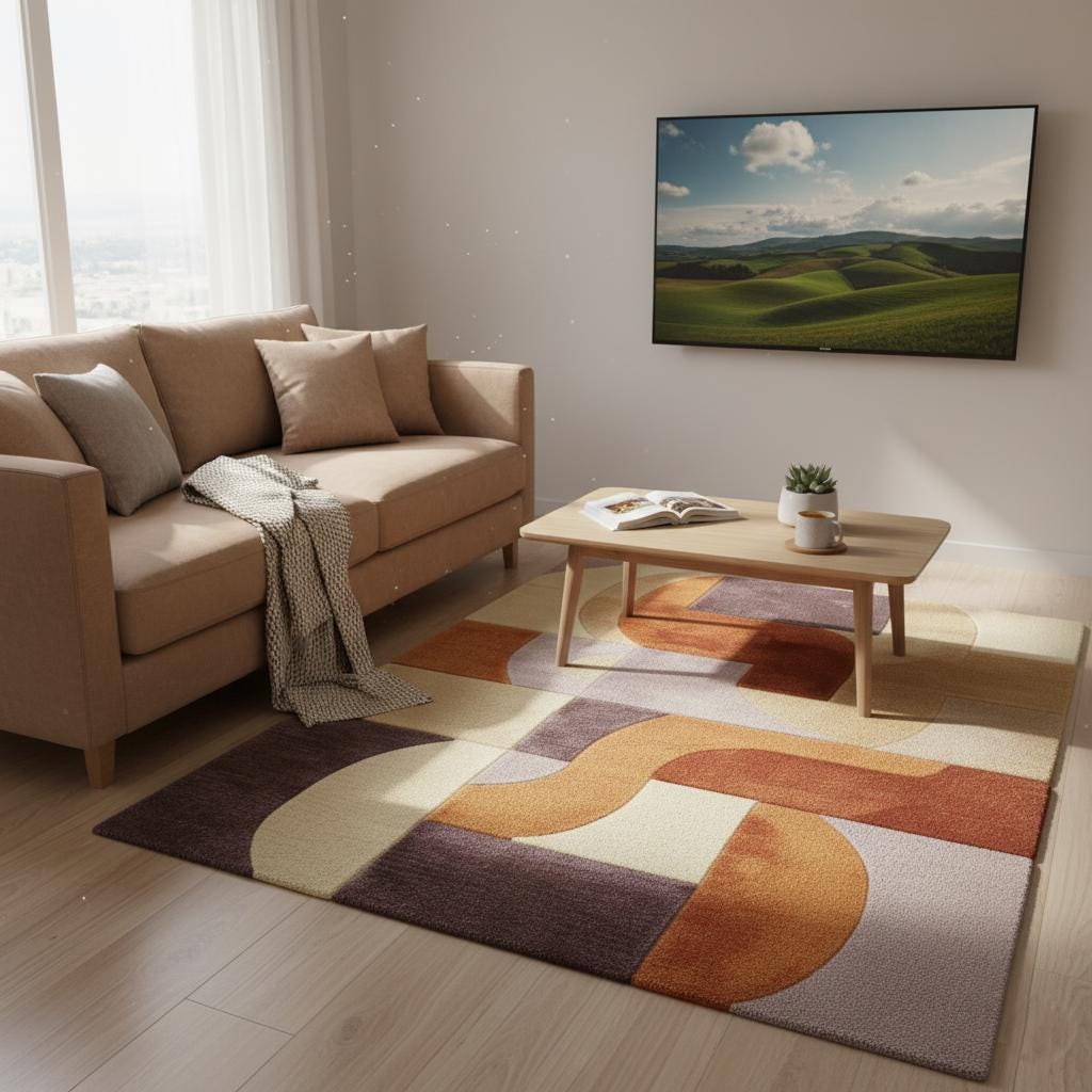 Retro Modern Geometric Rug • Mid Century Style Area Rug • High Pile Soft Carpet • Abstract Wool Look Living Room Decor • Warm Earthy Colors