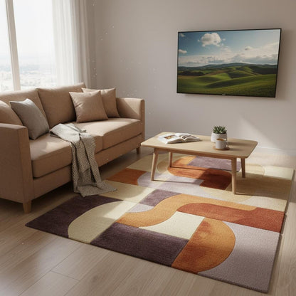 Retro Modern Geometric Rug • Mid Century Style Area Rug • High Pile Soft Carpet • Abstract Wool Look Living Room Decor • Warm Earthy Colors