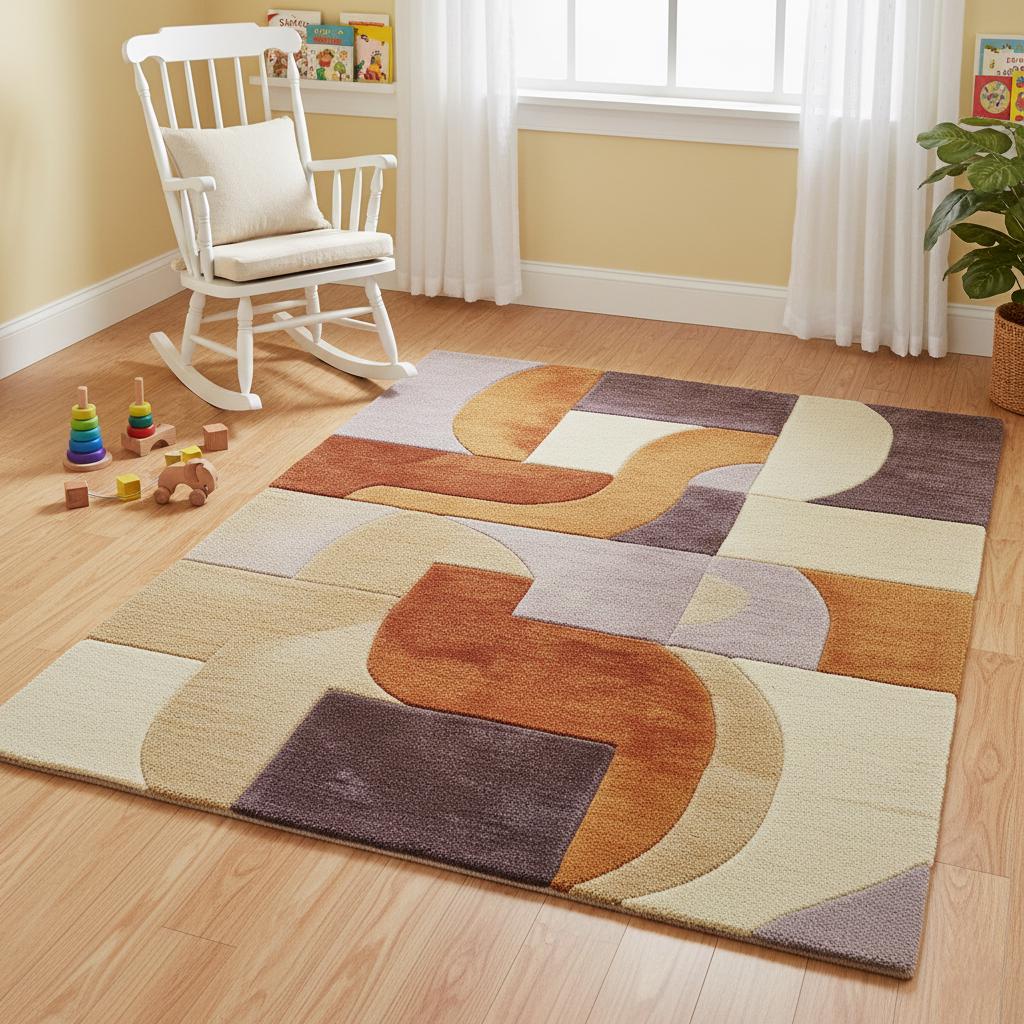Retro Modern Geometric Rug • Mid Century Style Area Rug • High Pile Soft Carpet • Abstract Wool Look Living Room Decor • Warm Earthy Colors