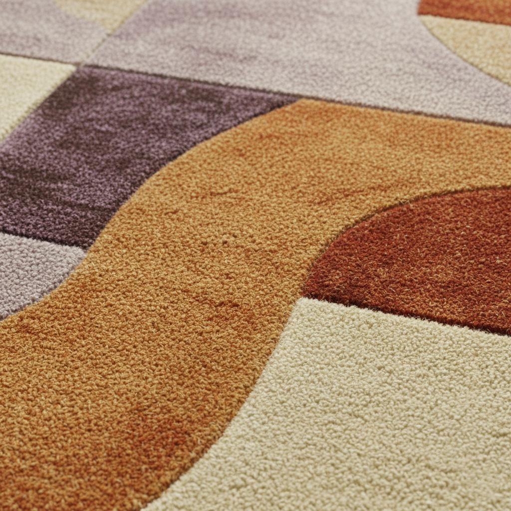 Retro Modern Geometric Rug • Mid Century Style Area Rug • High Pile Soft Carpet • Abstract Wool Look Living Room Decor • Warm Earthy Colors