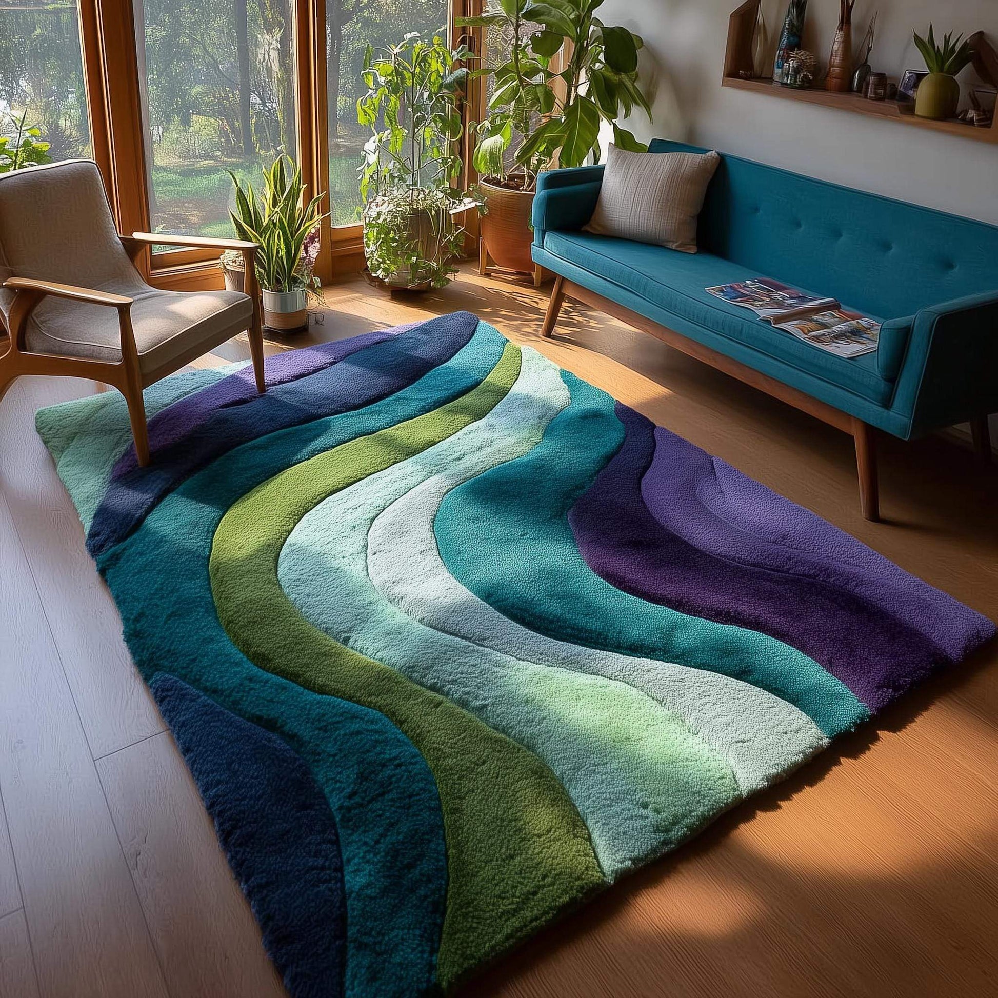 Retro area rug with teal aqua geometric wave pattern, hand tufted and plush soft 70s style carpet