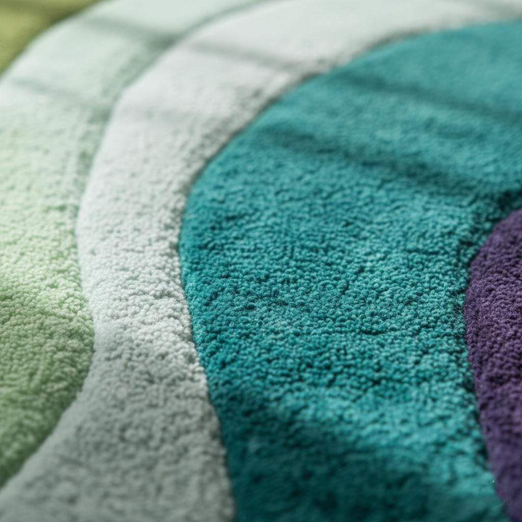 Hand tufted retro area rug with teal aqua geometric wave design, plush soft 70s style carpet