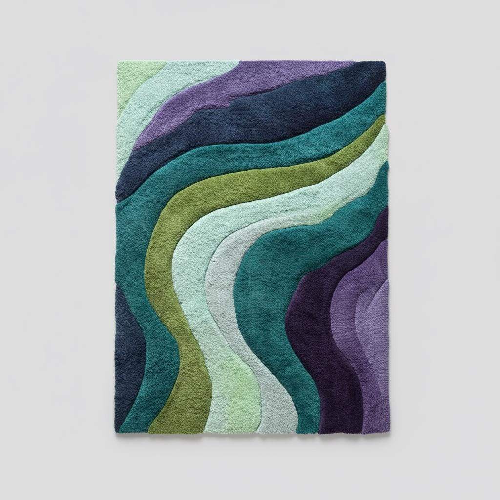 Hand tufted retro area rug with teal aqua geometric wave pattern and plush soft texture