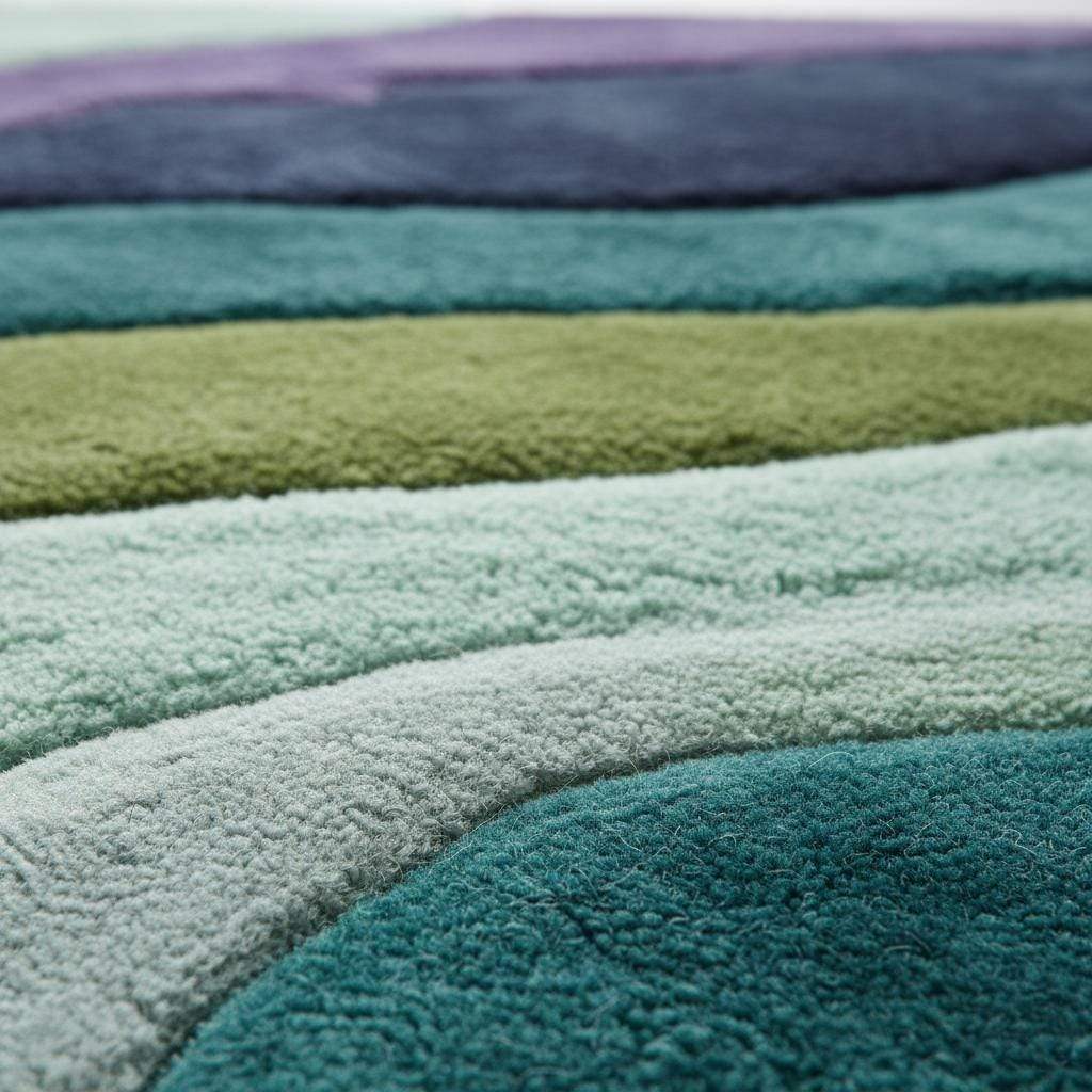 Retro area rug with teal aqua geometric wave pattern, hand tufted plush soft 70s style carpet