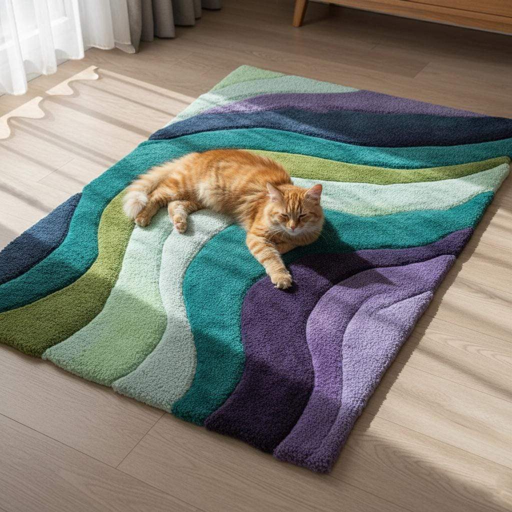 Retro area rug hand tufted teal aqua geometric wave design plush 70s style carpet